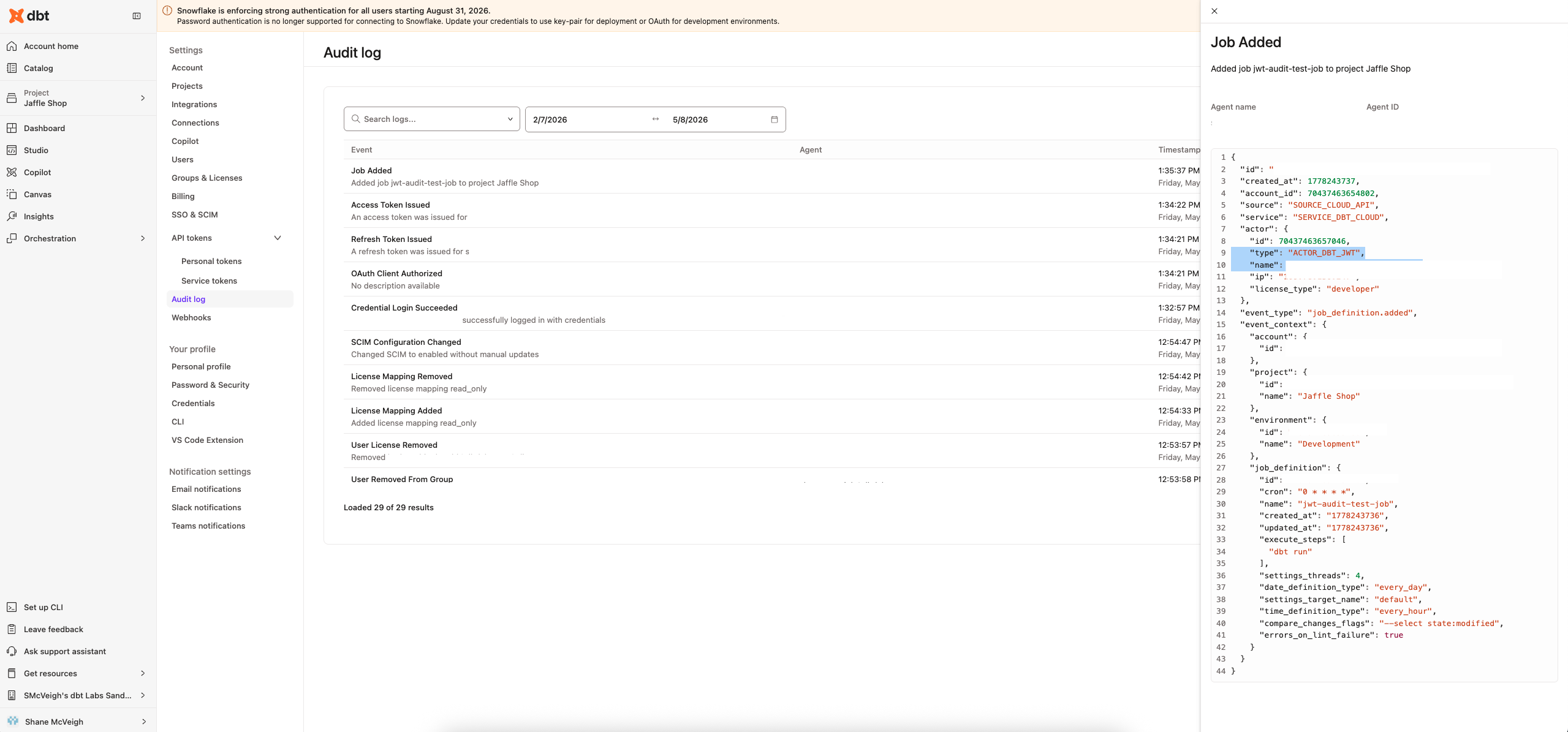 Audit log entry for an action taken through an OAuth-connected client