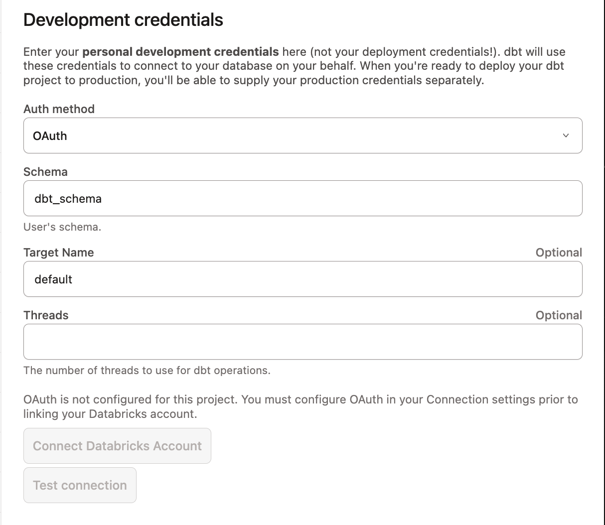 Connect your Databricks account from development credentials